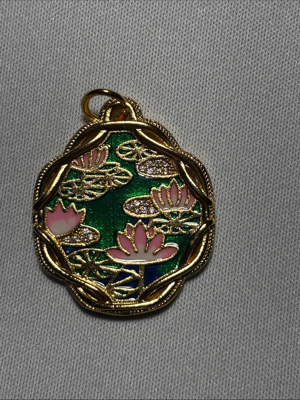 Gold Tone Lotus Enamel Pendant / Charm - Green & Pink